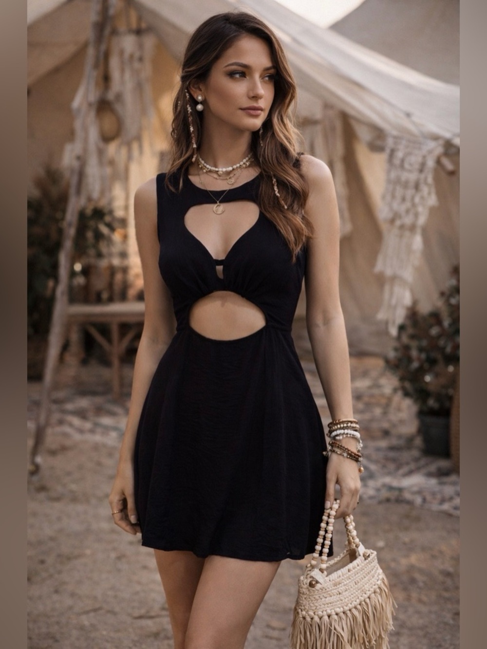 Reformation Black Cutout Mini Keyhole Front Sleeveless Fit Flare Boho Sexy chic